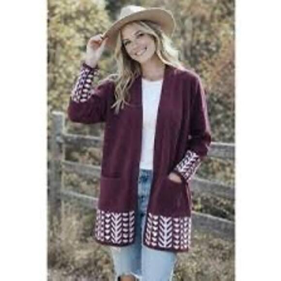 Frye Sweaters - NWT Frye Cardigan Sweater Women's Large Burgundy Boho Southwest Cozy Tribal Open